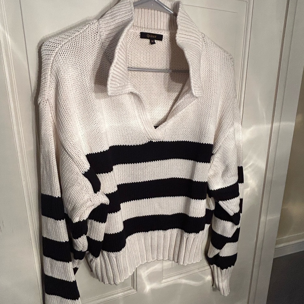 Quince Black and White Striped V-Neck Sweater
